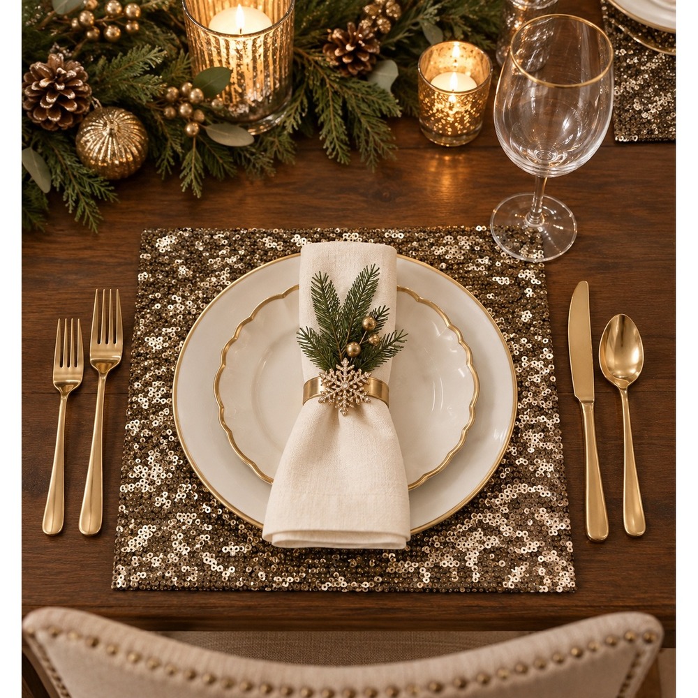 Pottery Barn Gold Sequin Placemats Set of 6 Holiday Christmas Table Decor 15x15